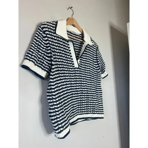 NEW Simkhai Spread Collar Short Sleeve Polo Shirt Midnight Stripe Size: XS - Picture 3 of 7